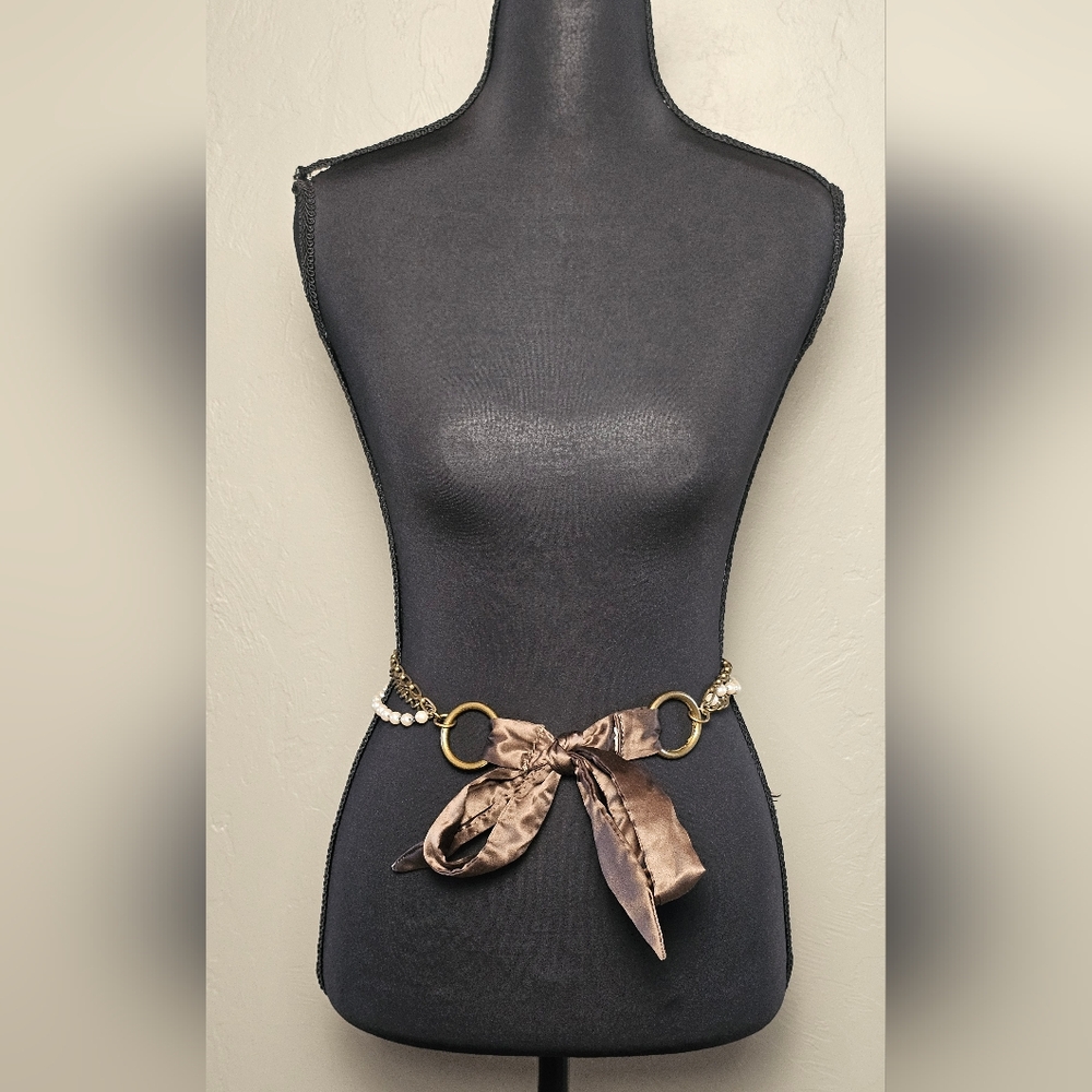[AEO] Vintage Women's Belt OR Necklace ⭐️ Chain & Pearl Brown Ribbon Loop Tie - Picture 15 of 16